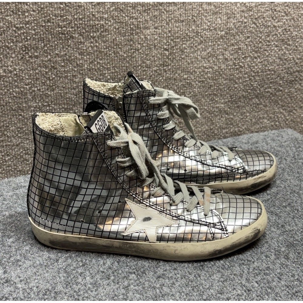 Golden Goose Silver "Francy" Grid Pattern Mirror High-Top Sneaker US 8 EU 38
